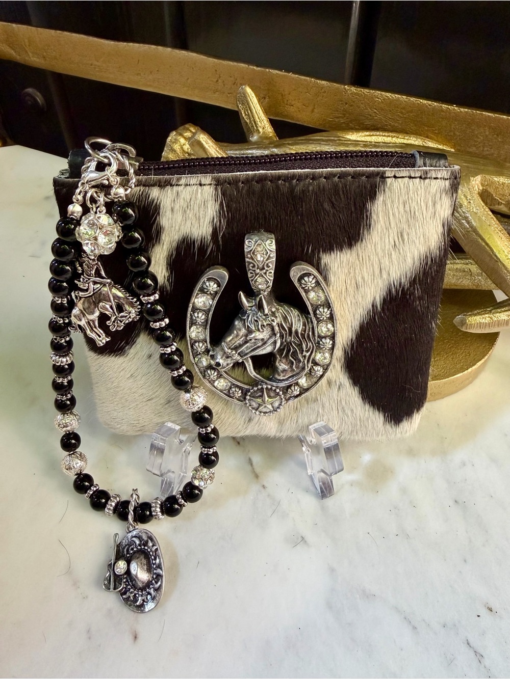 GENUINE COWHIDE LEATHER HAIR ON HIDE Western Rodeo Cowgirl Wristlet Wallet Horse